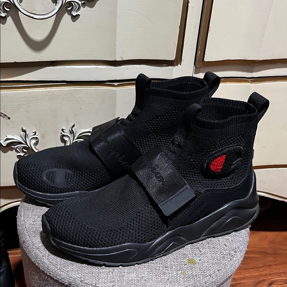 Champion womens Black Knit High-Top Sneakers with Red Logo Accent